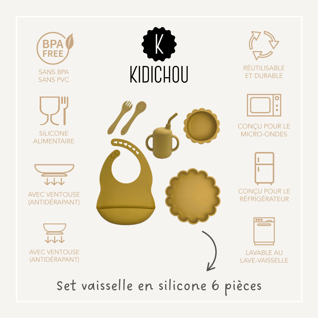 set vaisselle en silicone moutarde